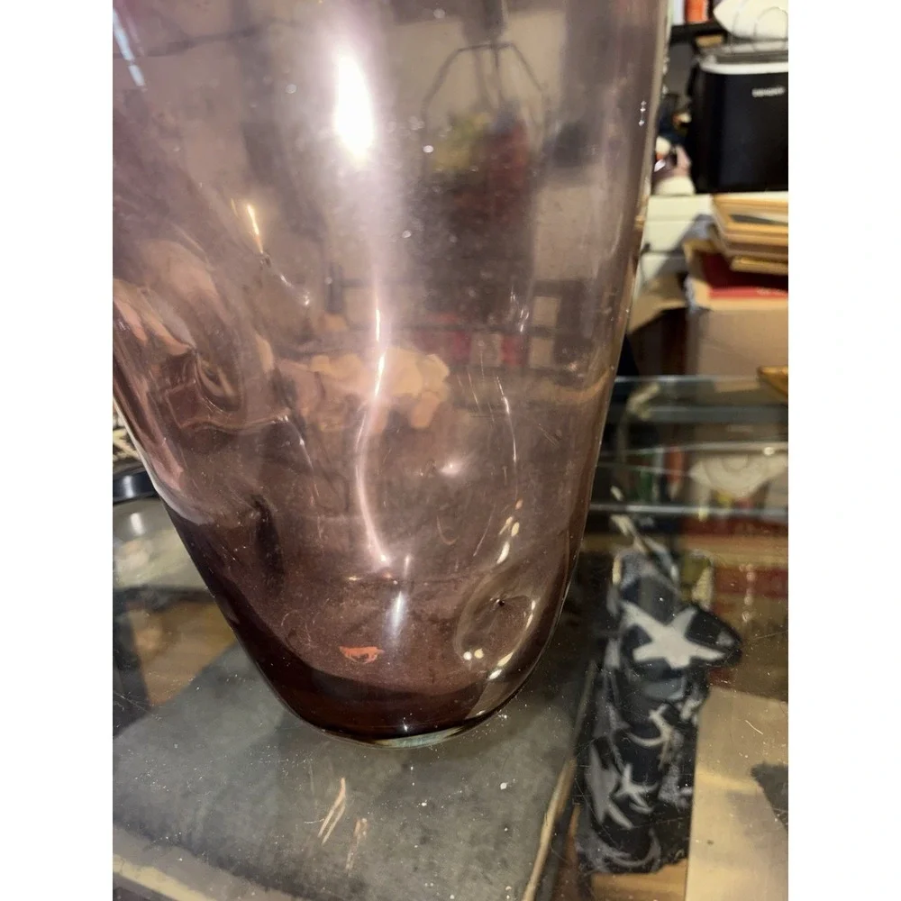 MCM Vintage Amethyst Hand Blown Art Glass 5-Dimpled Huge Floor Vase 15.5
